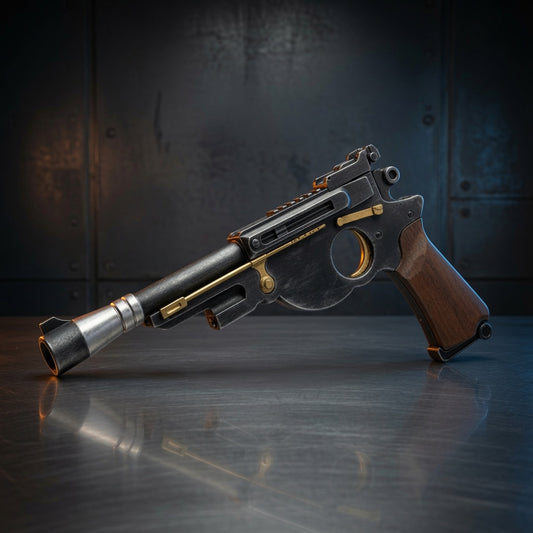 IB-94 Mandalorian blaster pistol replica, weathered gunslinger finish, Outer Rim Props