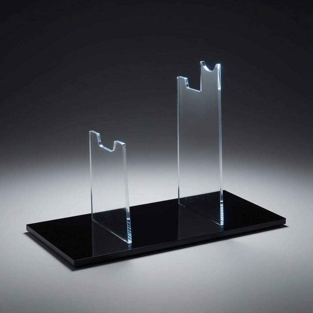 Empty DL-44 blaster display stand with notched clear acrylic risers on a glossy black base, stand only
