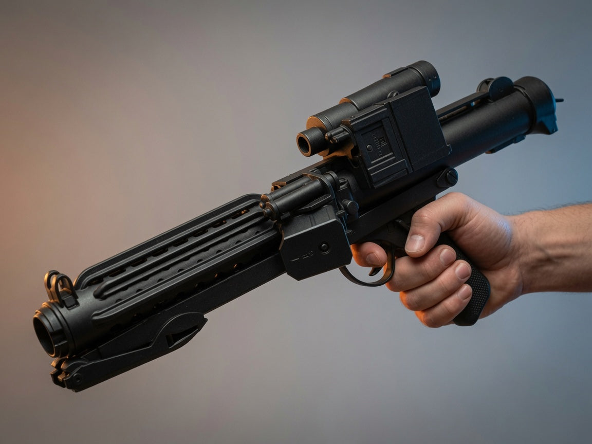 E-11 Stormtrooper blaster replica displayed in a collector setting, Outer Rim Props