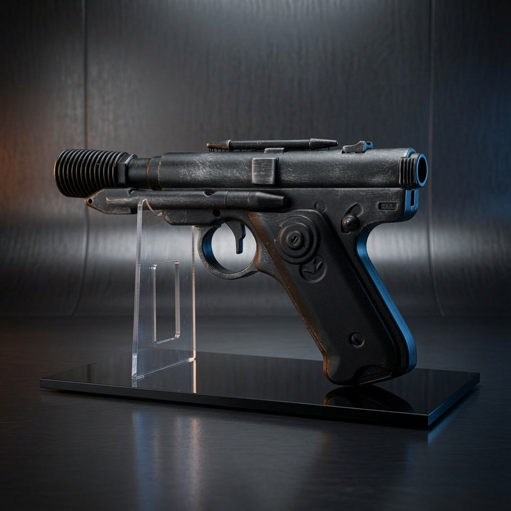 DT-12 Greedo blaster replica displayed on a clear acrylic stand with polished black base, Outer Rim Props