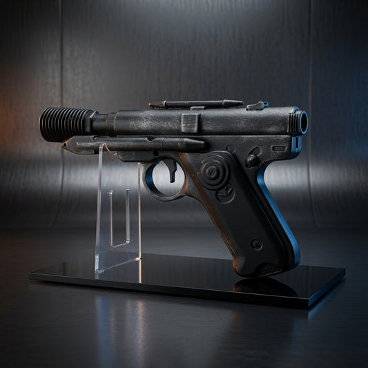 DT-12 Greedo blaster replica displayed on a clear acrylic stand with polished black base, Outer Rim Props