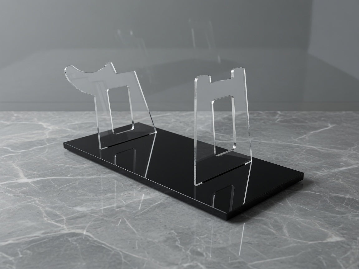 Clear acrylic blaster display stand with polished black base, custom-fit for EC-17 replica