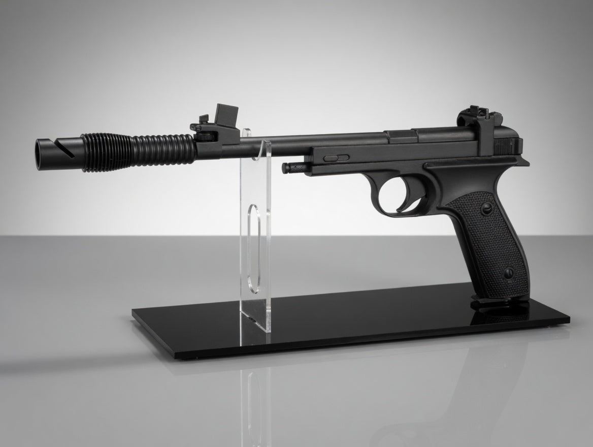 Clear acrylic Leia Defender blaster display stand with textured black base, empty