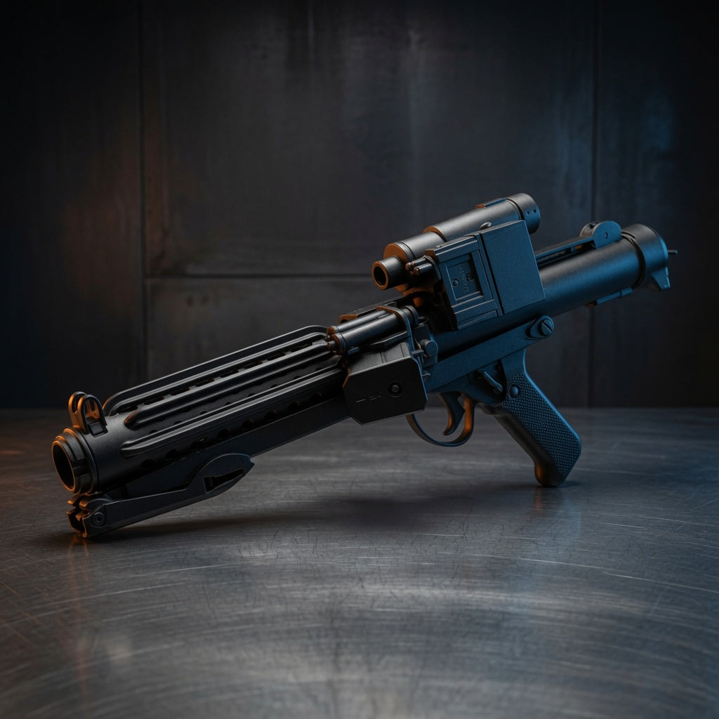 E-11 Stormtrooper blaster rifle replica, black finish with scope and folding stock, Outer Rim Props