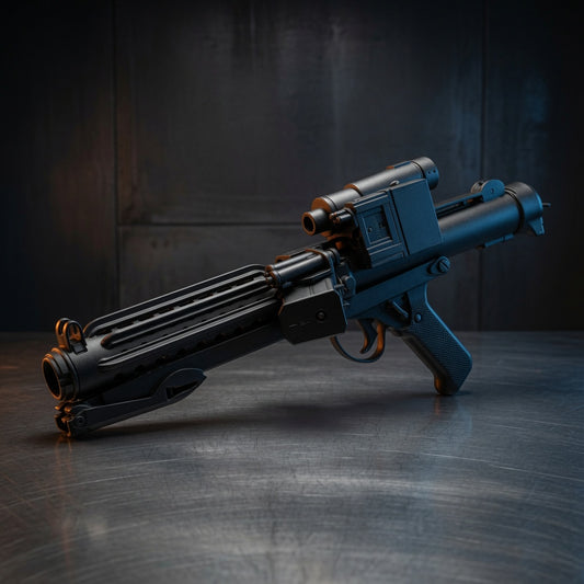 E-11 Stormtrooper blaster rifle replica, black finish with scope and folding stock, Outer Rim Props