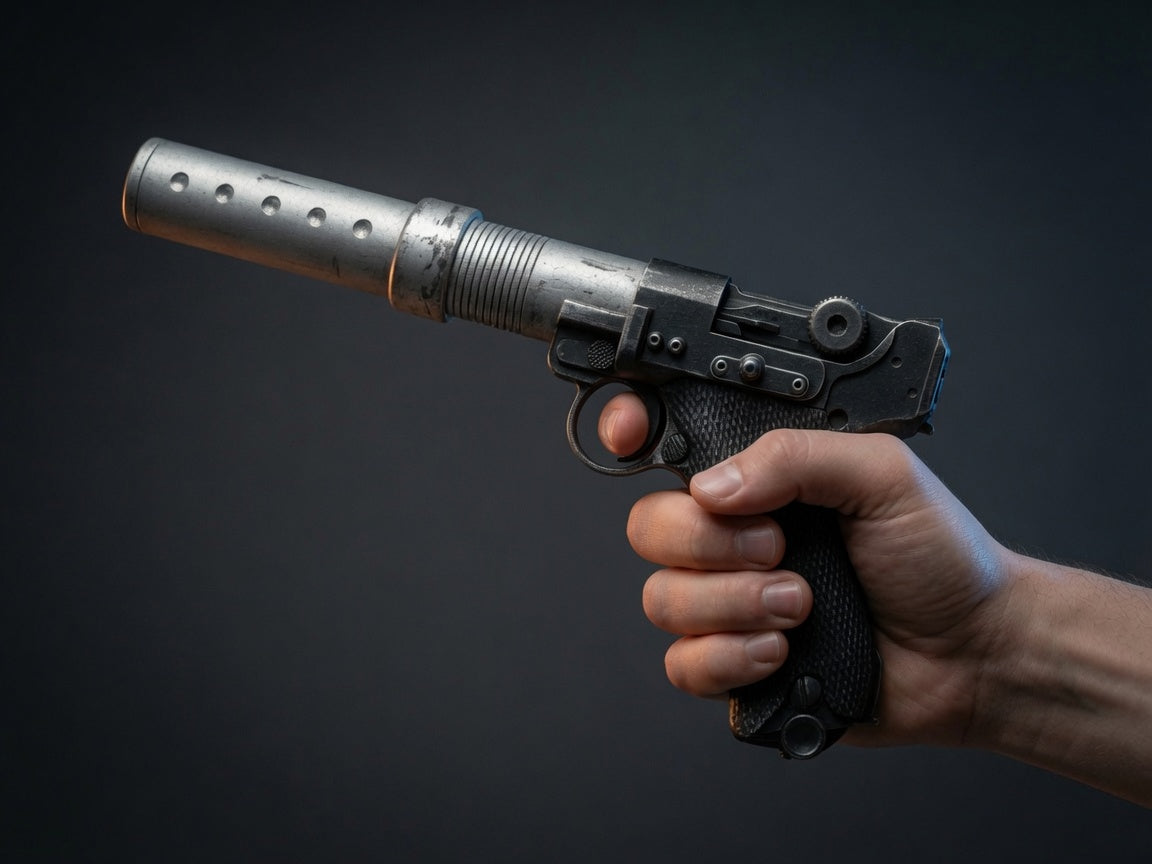 Jyn Erso A-180 blaster replica in a collector display setting, Outer Rim Props