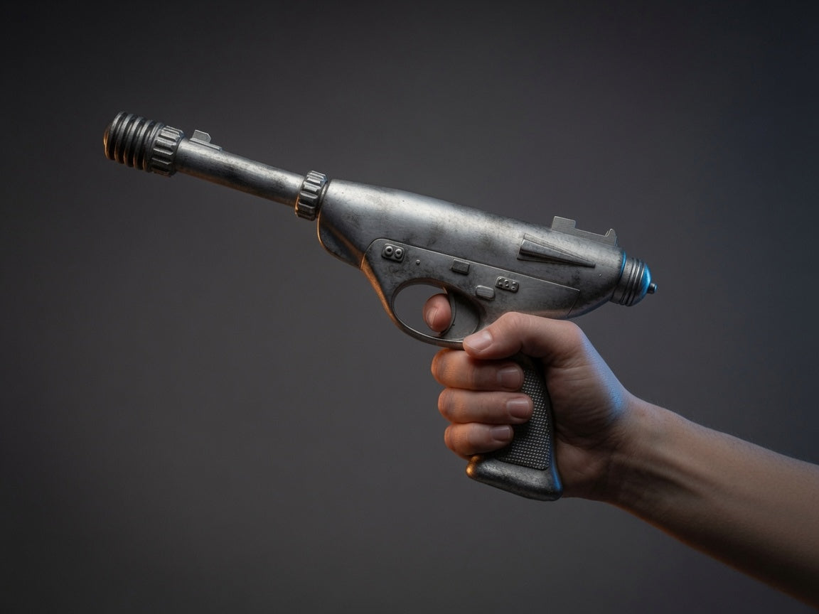 Bespin K-23 blaster replica in a collector display setting, Outer Rim Props
