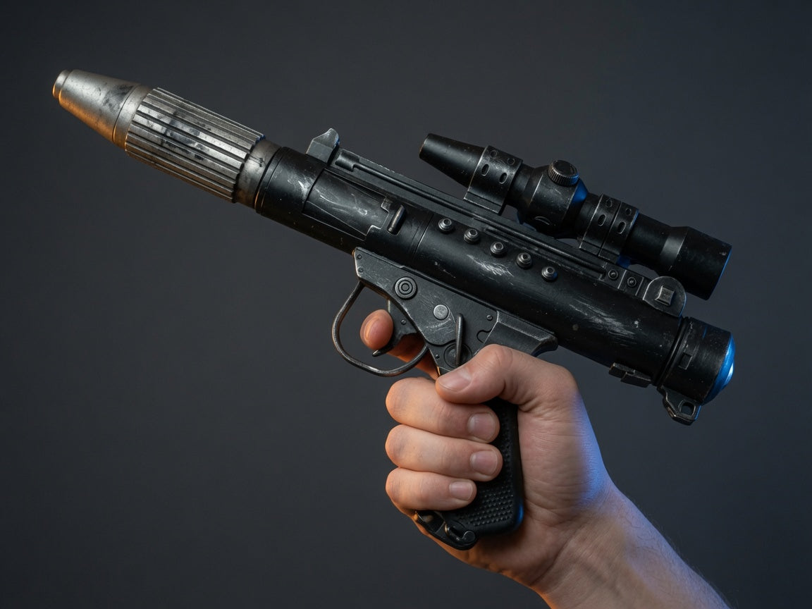 DH-17 Rebel blaster replica detail view of barrel and grip, Outer Rim Props