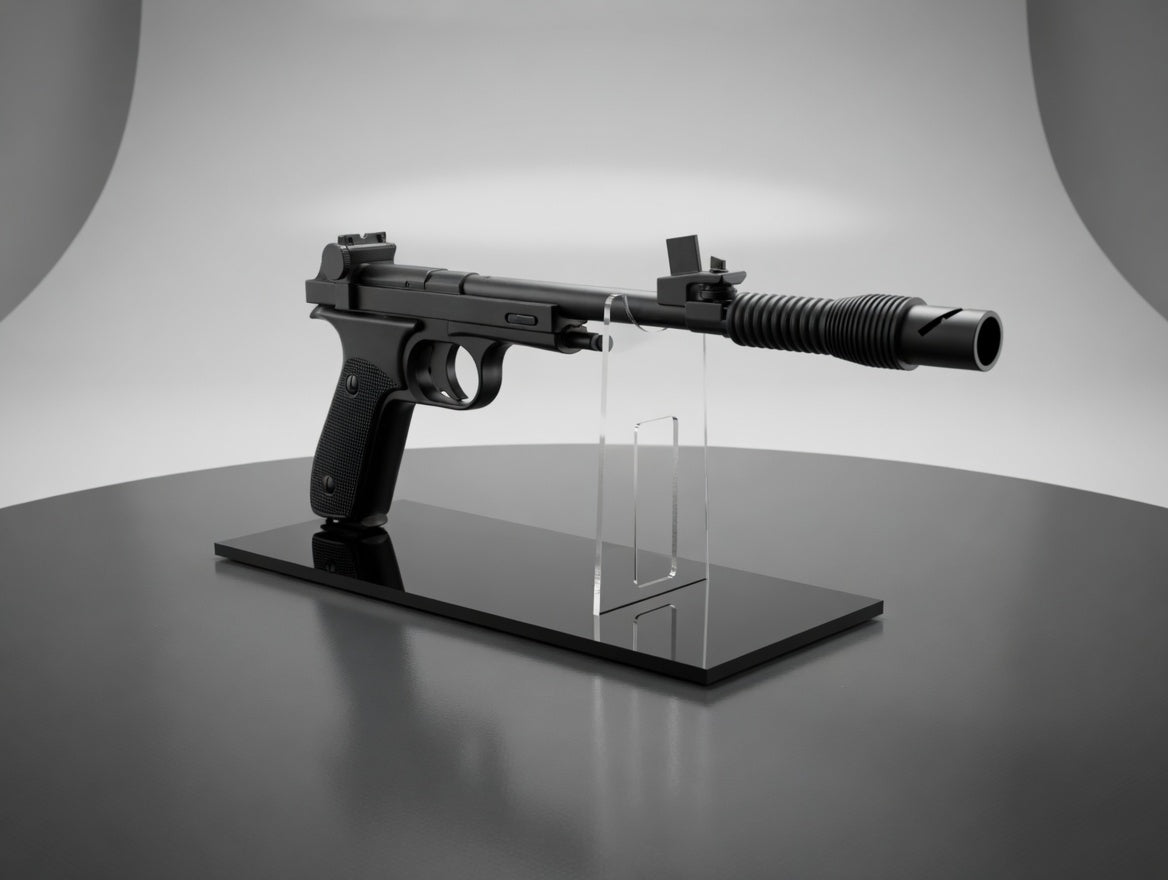 Clear acrylic Leia Defender blaster display stand with textured black base, empty