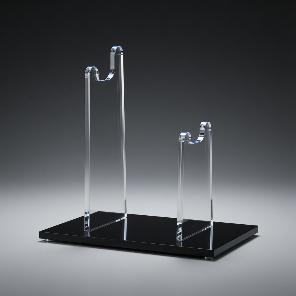 Angled view of the DL-44 blaster display stand showing the clear acrylic riser profile