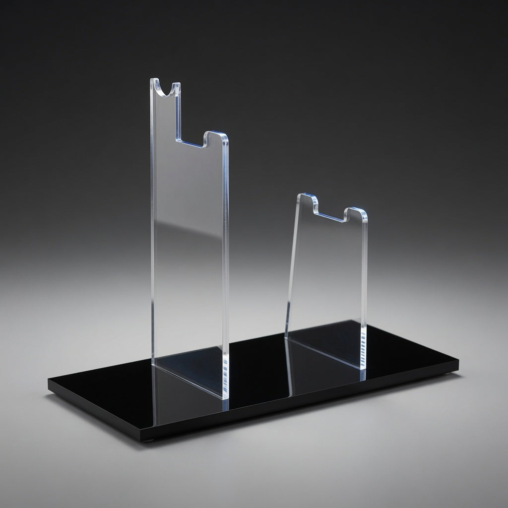 Side view of the DL-44 blaster display stand showing riser height and polished black acrylic base