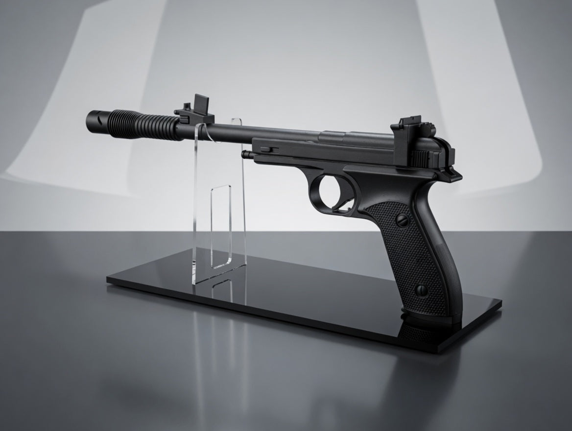 Clear acrylic Leia Defender blaster display stand with textured black base, empty