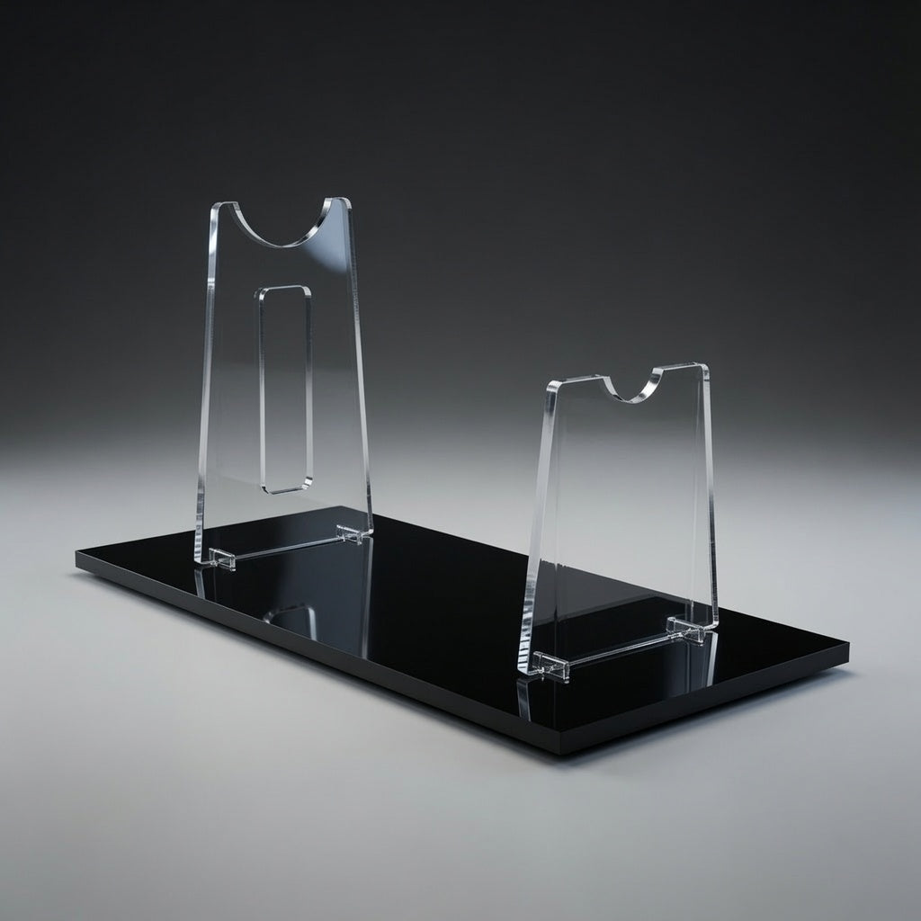 Empty Rey NN-14 blaster display stand with notched clear acrylic risers on a glossy black base, stand only