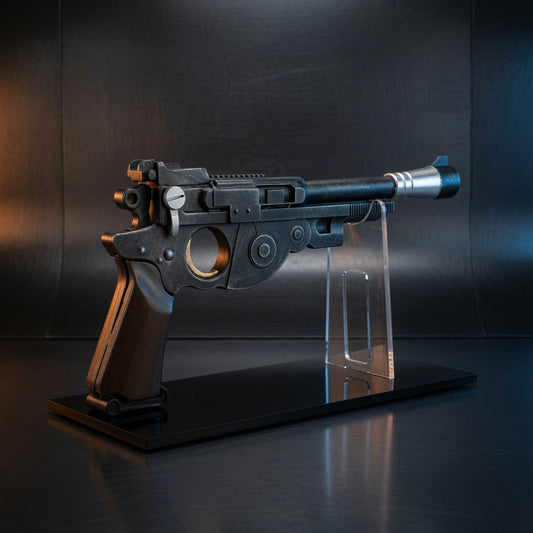 IB-94 Mandalorian blaster replica displayed on a clear acrylic stand with polished black base, Outer Rim Props