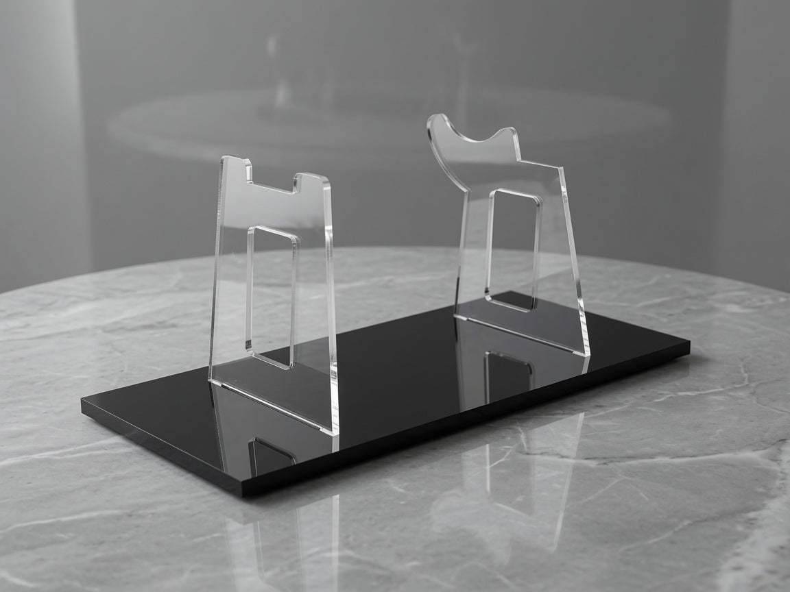 EC-17 scout trooper blaster replica on clear acrylic display stand with black base