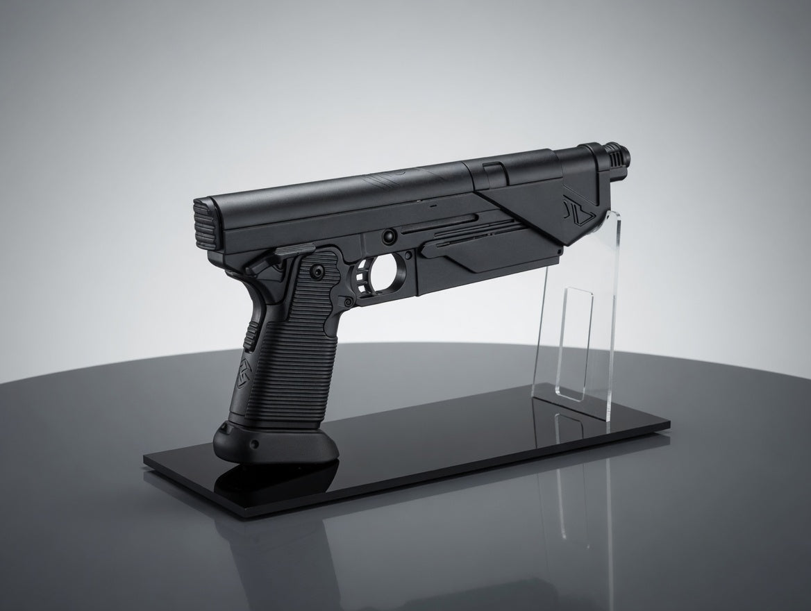 Clear acrylic Bo-Katan WESTAR-35 blaster display stand with textured black base, empty
