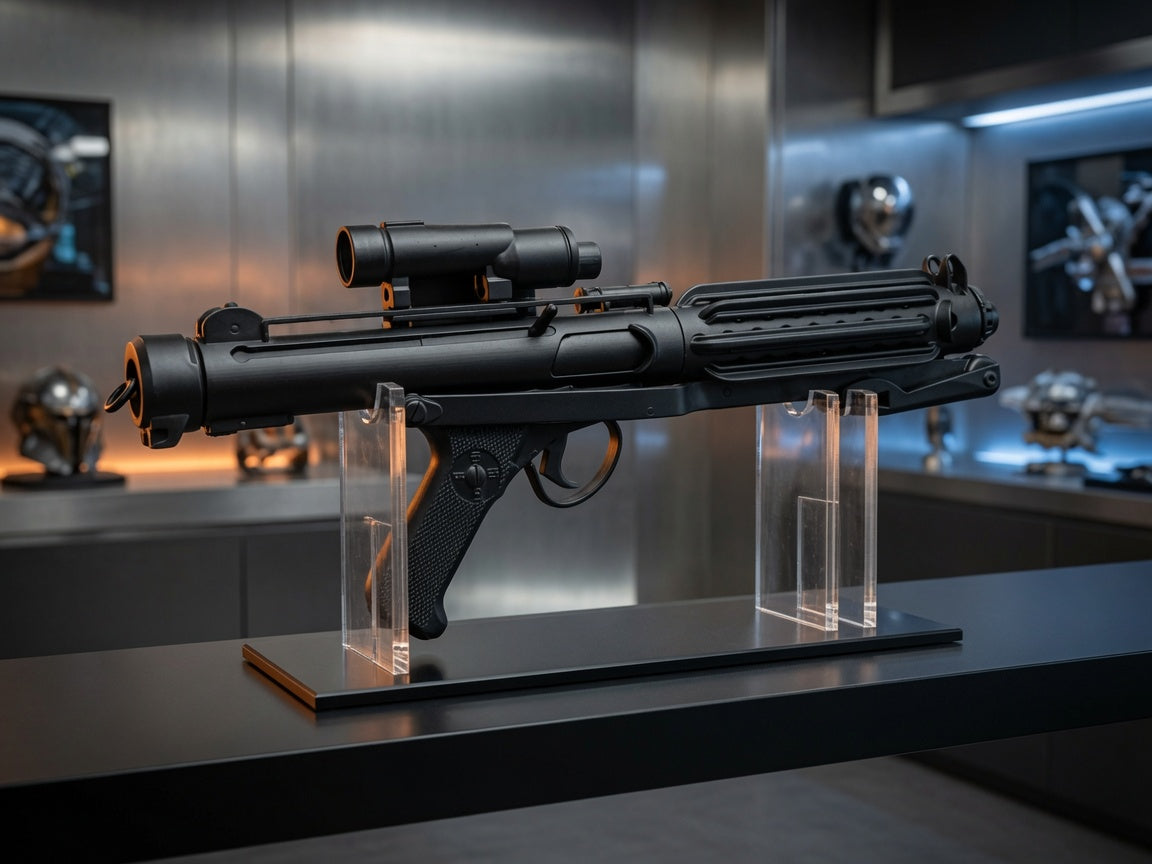 E-11 Stormtrooper blaster replica detail view of scope and receiver, Outer Rim Props