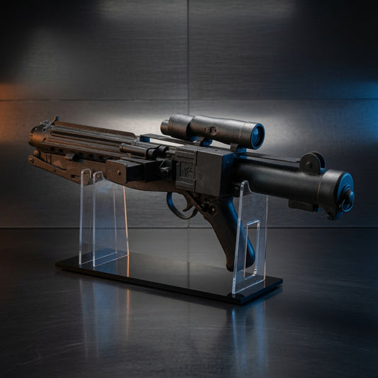 E-11 Stormtrooper blaster replica displayed on a clear acrylic stand with polished black base, Outer Rim Props