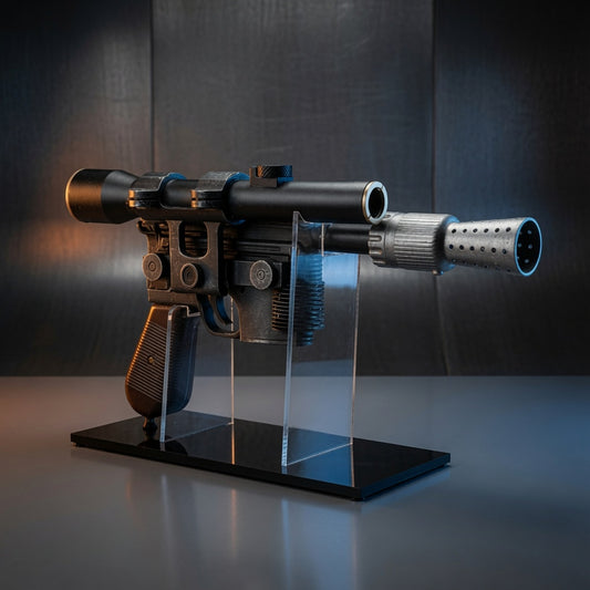 DL-44 heavy blaster replica displayed on a clear acrylic stand with polished black base, Outer Rim Props