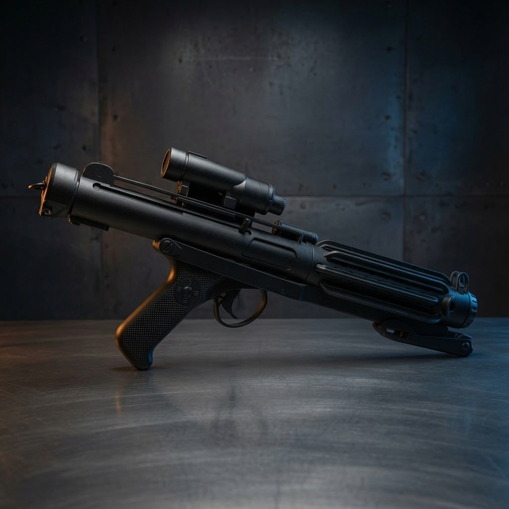 E-11 Stormtrooper blaster replica three-quarter angle showing barrel shroud and power cell, Outer Rim Props