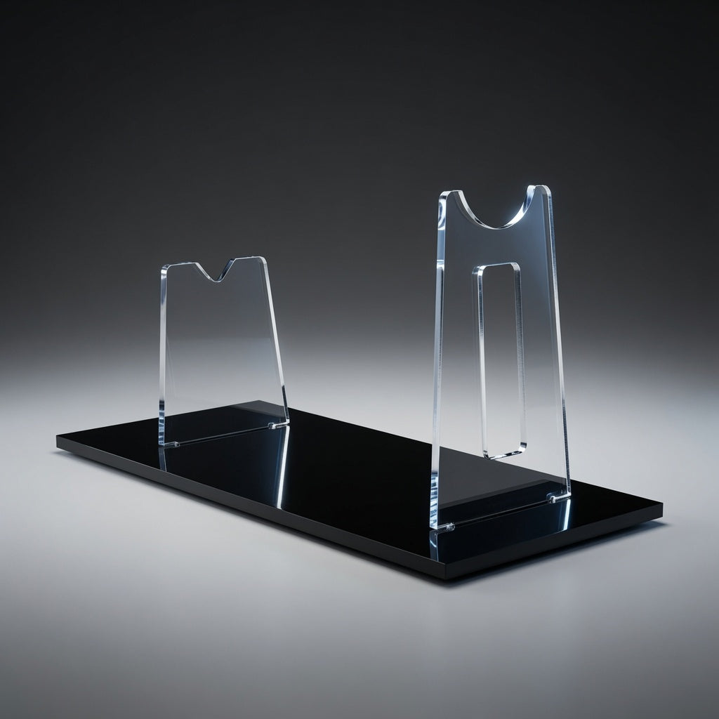 Empty DH-17 blaster display stand with notched clear acrylic risers on a glossy black base, stand only