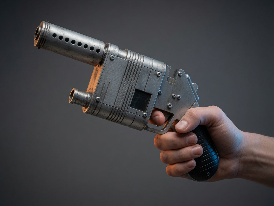 Rey NN-14 blaster replica in a collector display setting, Outer Rim Props