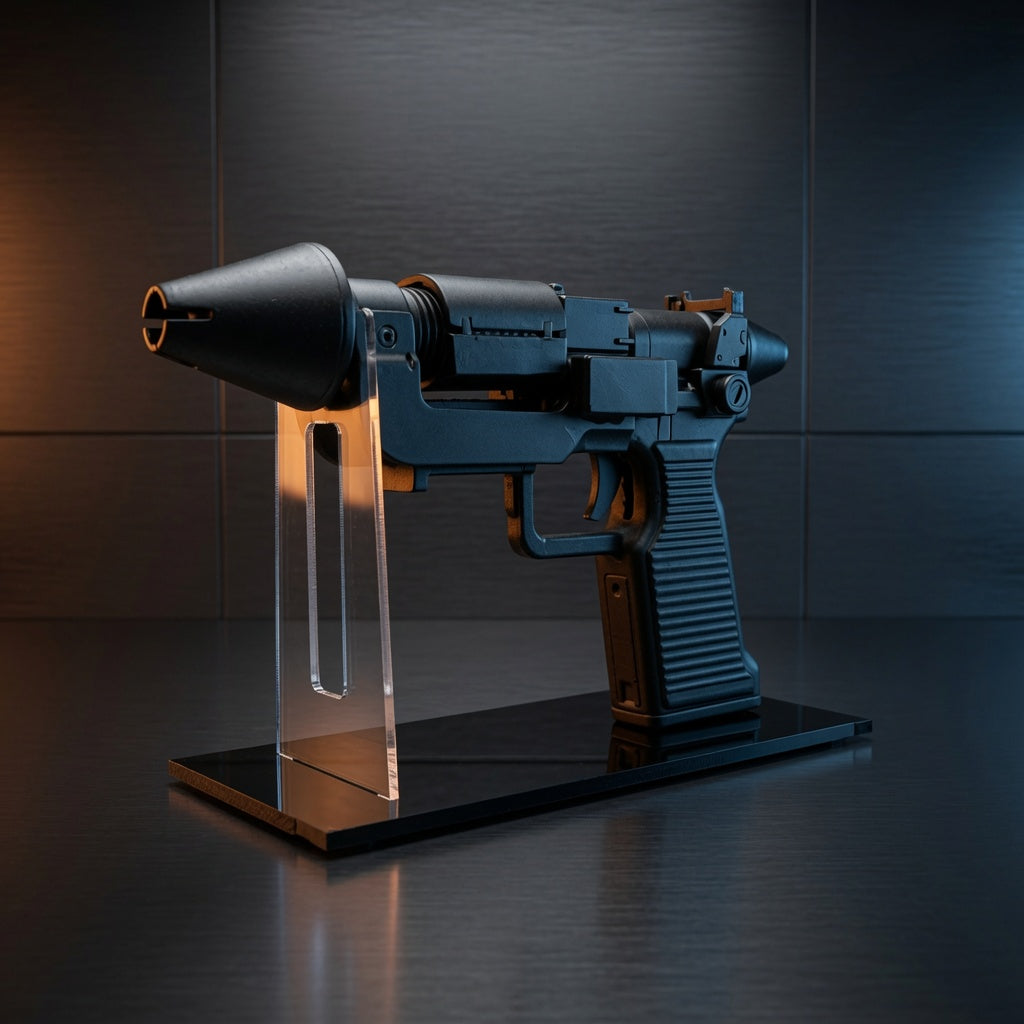 Thrawn RK-3 Imperial blaster replica displayed on a clear acrylic stand with glossy black base, Outer Rim Props