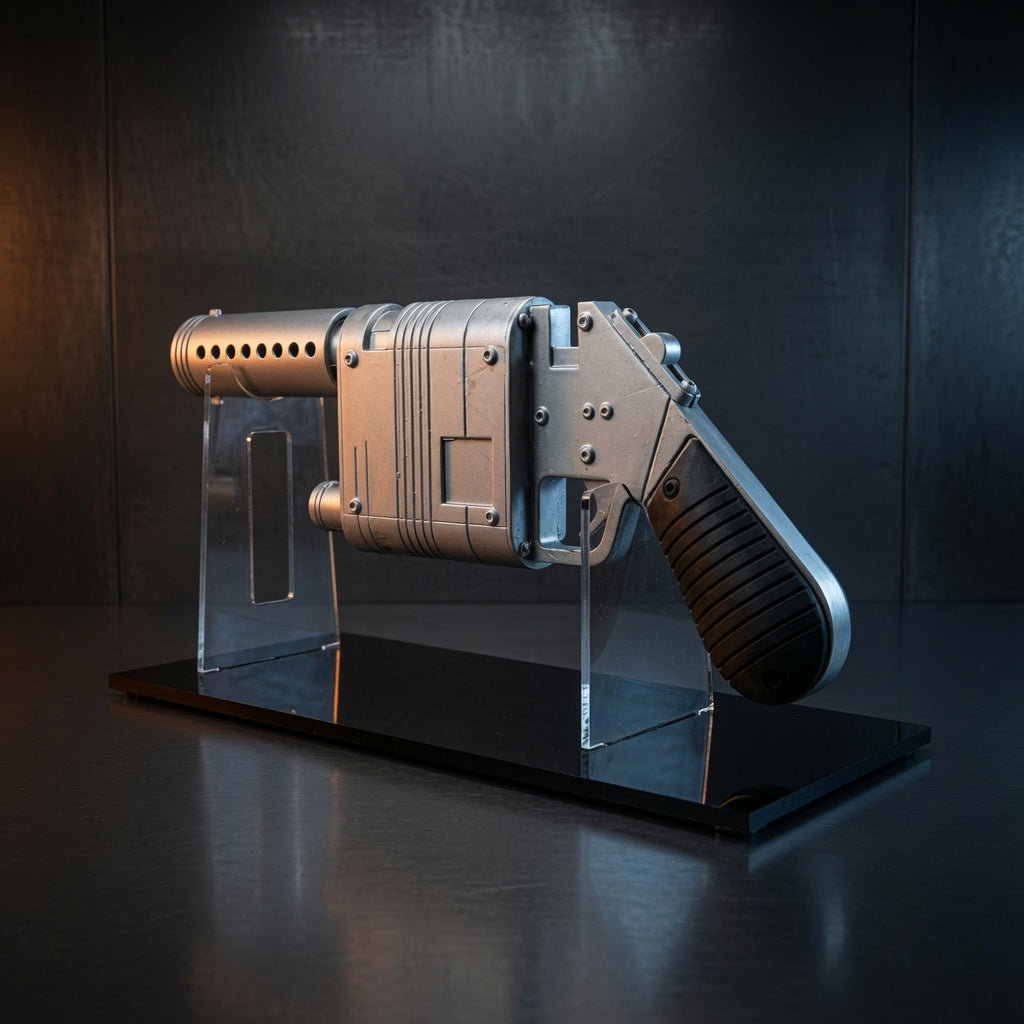 Rey NN-14 blaster replica displayed on a clear acrylic stand with glossy black base, Outer Rim Props