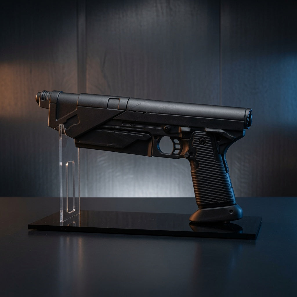 Bo-Katan WESTAR-35 blaster replica displayed on a clear acrylic stand with black base, Outer Rim Props