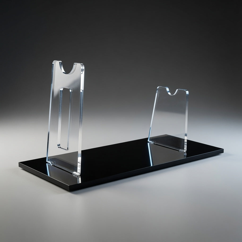 Angled view of the DH-17 blaster display stand showing the clear acrylic riser profile