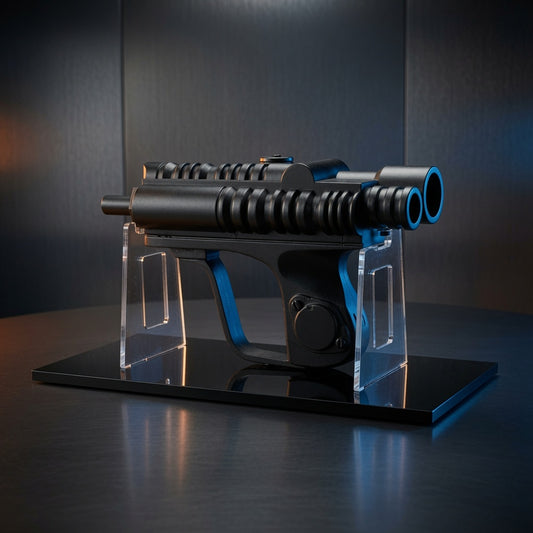 EC-17 scout trooper blaster replica displayed on a clear acrylic stand with polished black base, Outer Rim Props