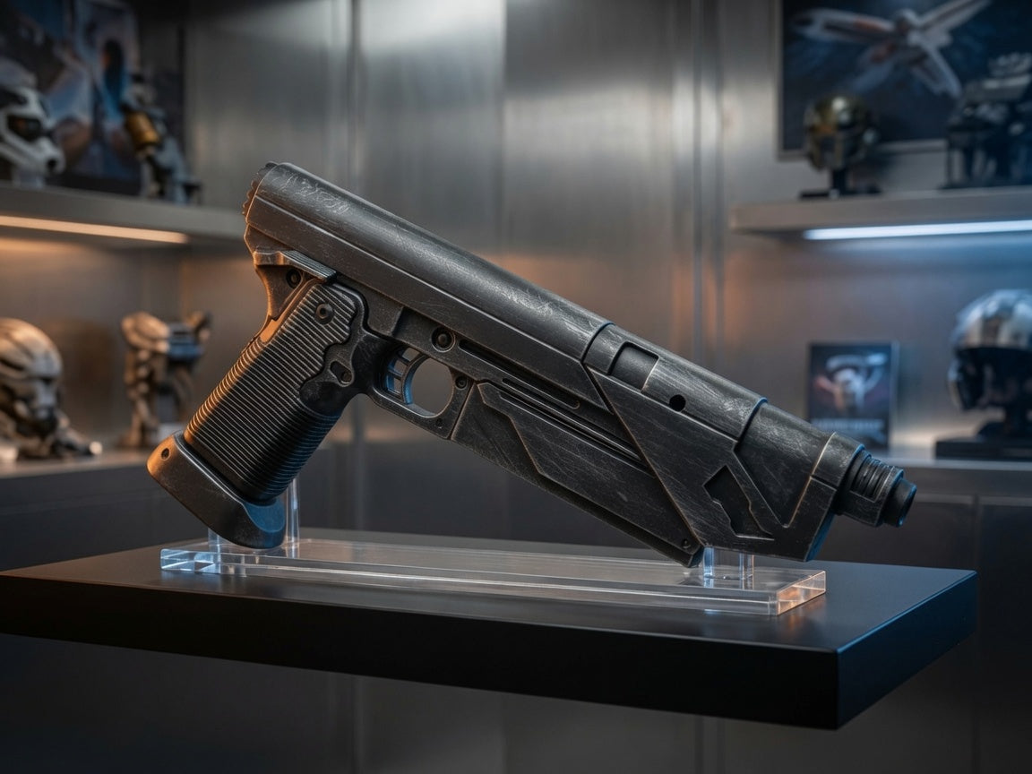 Bo-Katan WESTAR-35 blaster replica in a collector display setting, Outer Rim Props