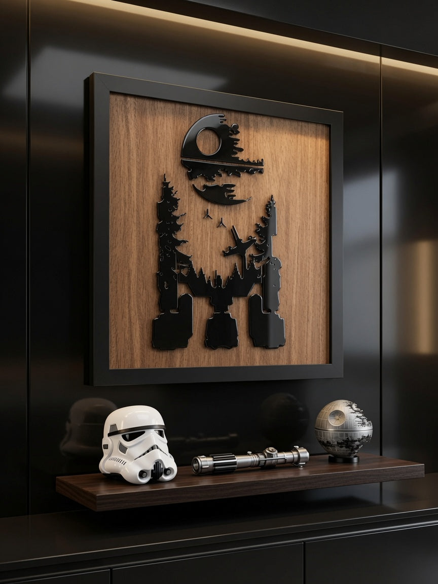Star Wars inspired R2-D2 forest moon silhouette framed wall art, black laser-cut wood on natural wood backing