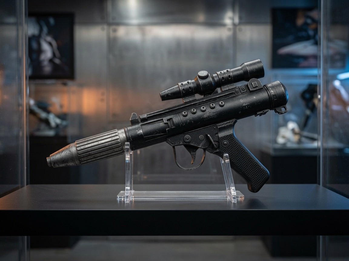 DH-17 Rebel blaster replica in a collector display setting, Outer Rim Props