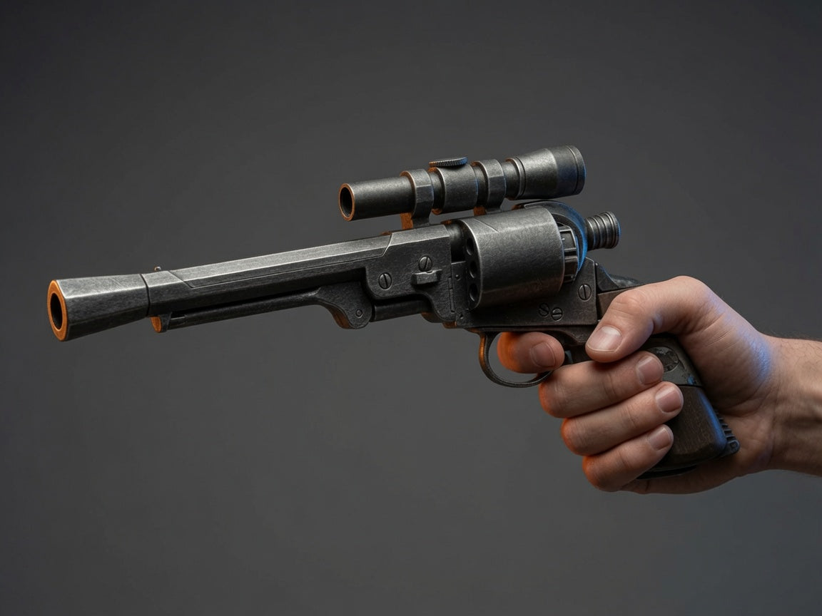 Cad Bane LL-30 blaster replica in a collector display setting, Outer Rim Props