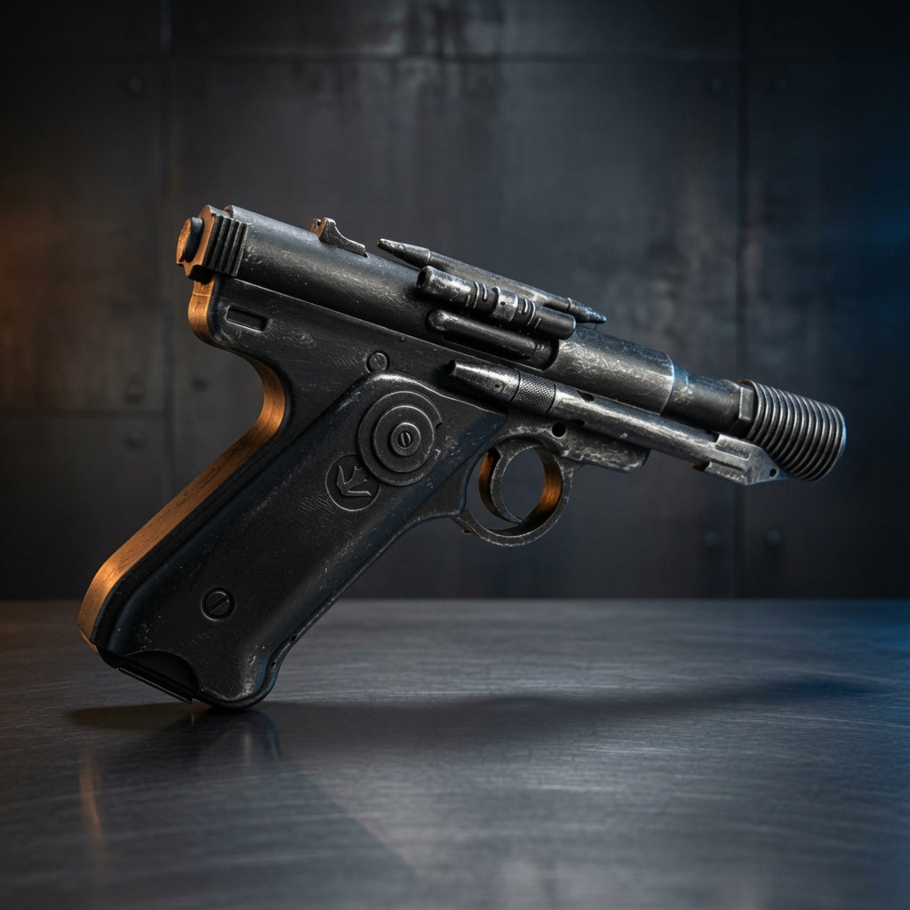 Greedo DT-12 blaster replica detail view of ribbed barrel, Outer Rim Props