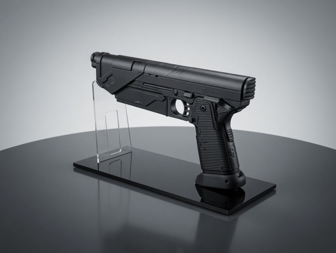 Clear acrylic Bo-Katan WESTAR-35 blaster display stand with textured black base, empty