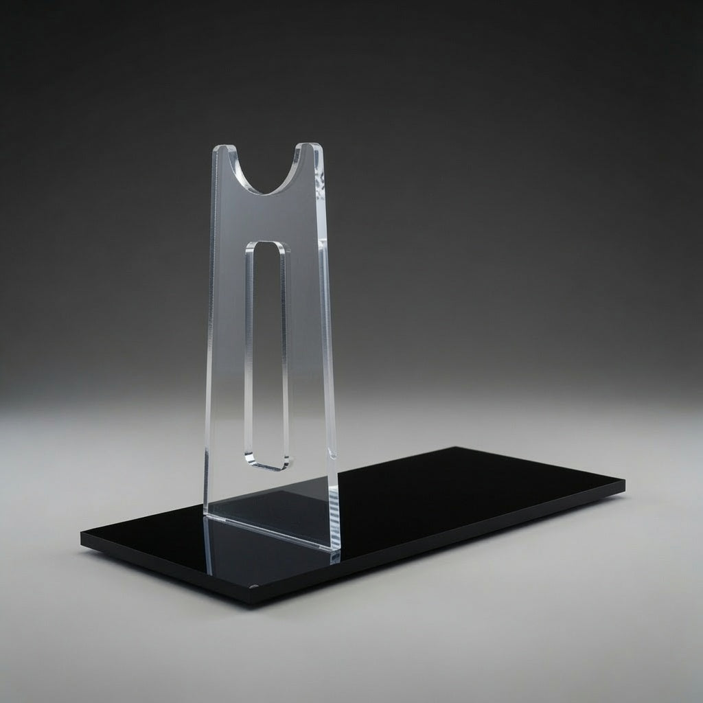 Empty Thrawn RK-3 blaster display stand with notched clear acrylic risers on a glossy black base, stand only