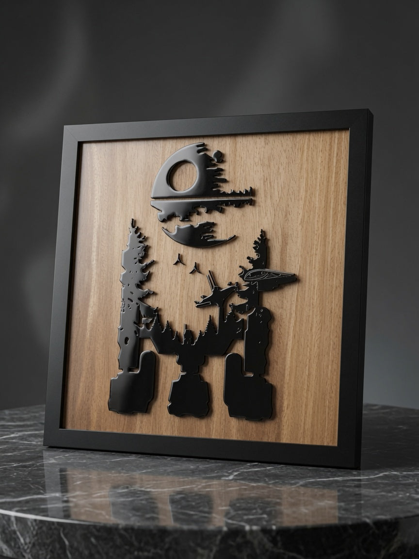 R2-D2 forest moon silhouette framed wall art hanging above shelf with Star Wars collectibles
