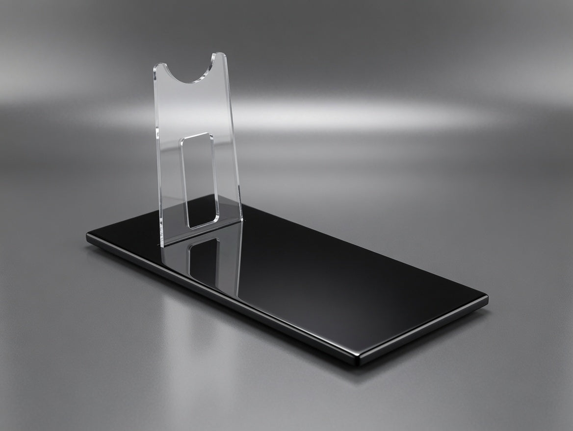Empty IB-94 Mandalorian blaster display stand with clear acrylic risers on a black base, stand only