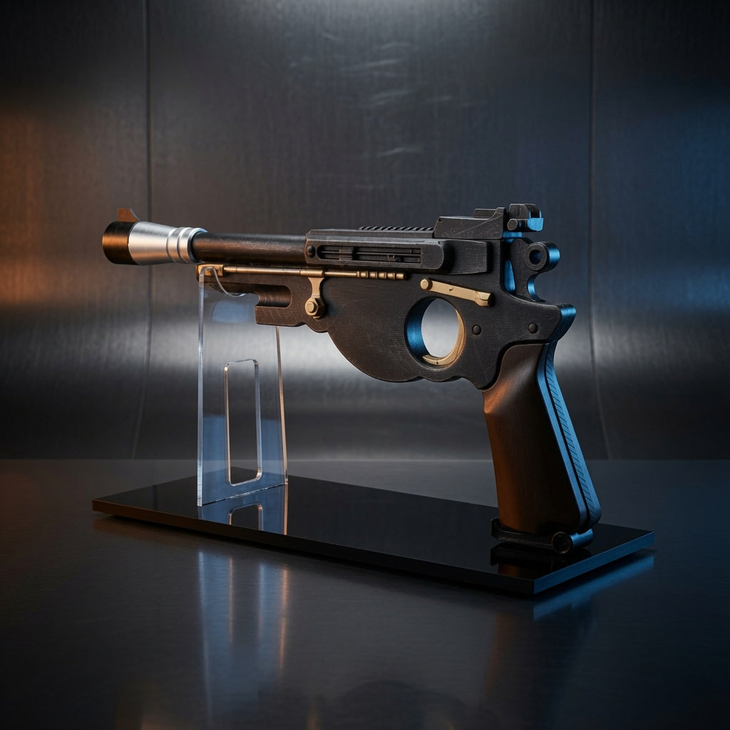 Angled view of the IB-94 Mandalorian blaster display stand showing the clear acrylic riser profile