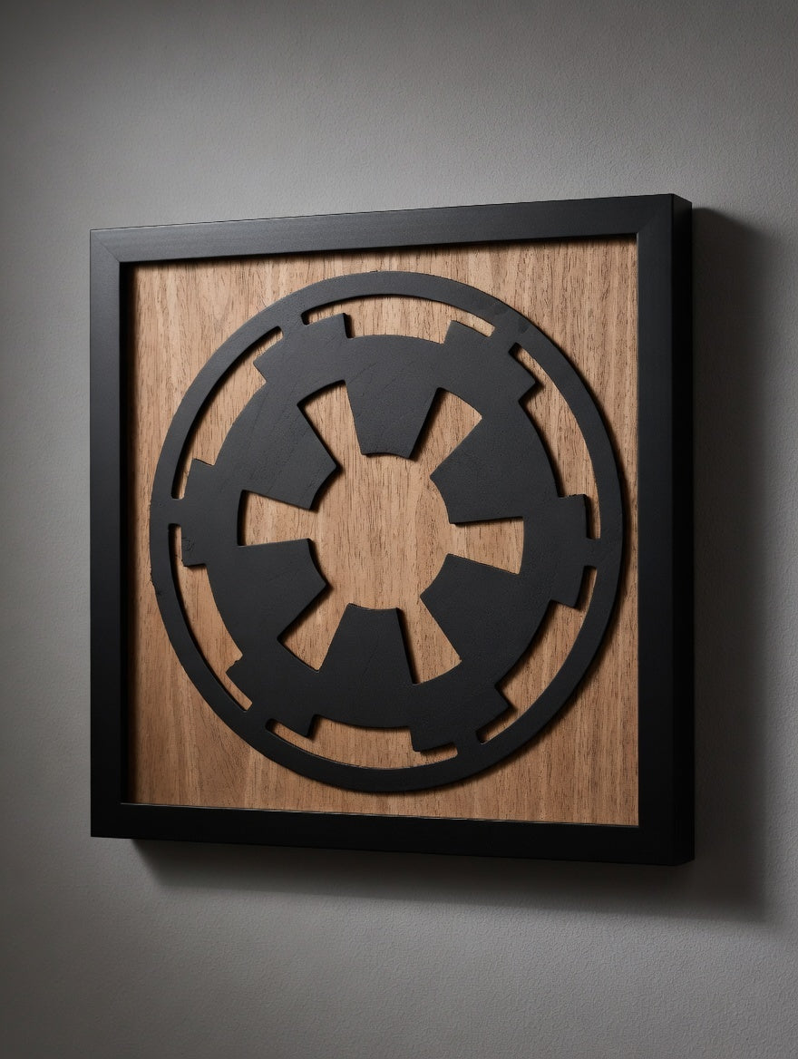 Imperial cog emblem framed wall art, matte black laser-cut basswood on walnut-toned backer, Outer Rim Props