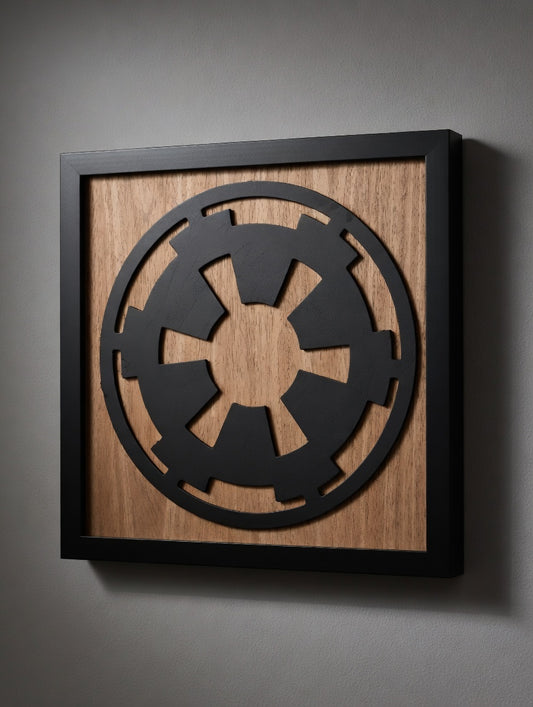 Imperial cog emblem framed wall art, matte black laser-cut basswood on walnut-toned backer, Outer Rim Props
