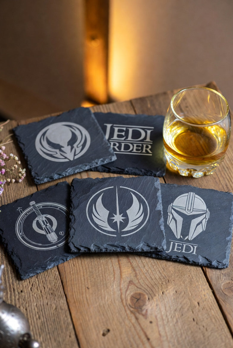 Jedi Order-inspired slate coaster, engraved symbol design, Outer Rim Props