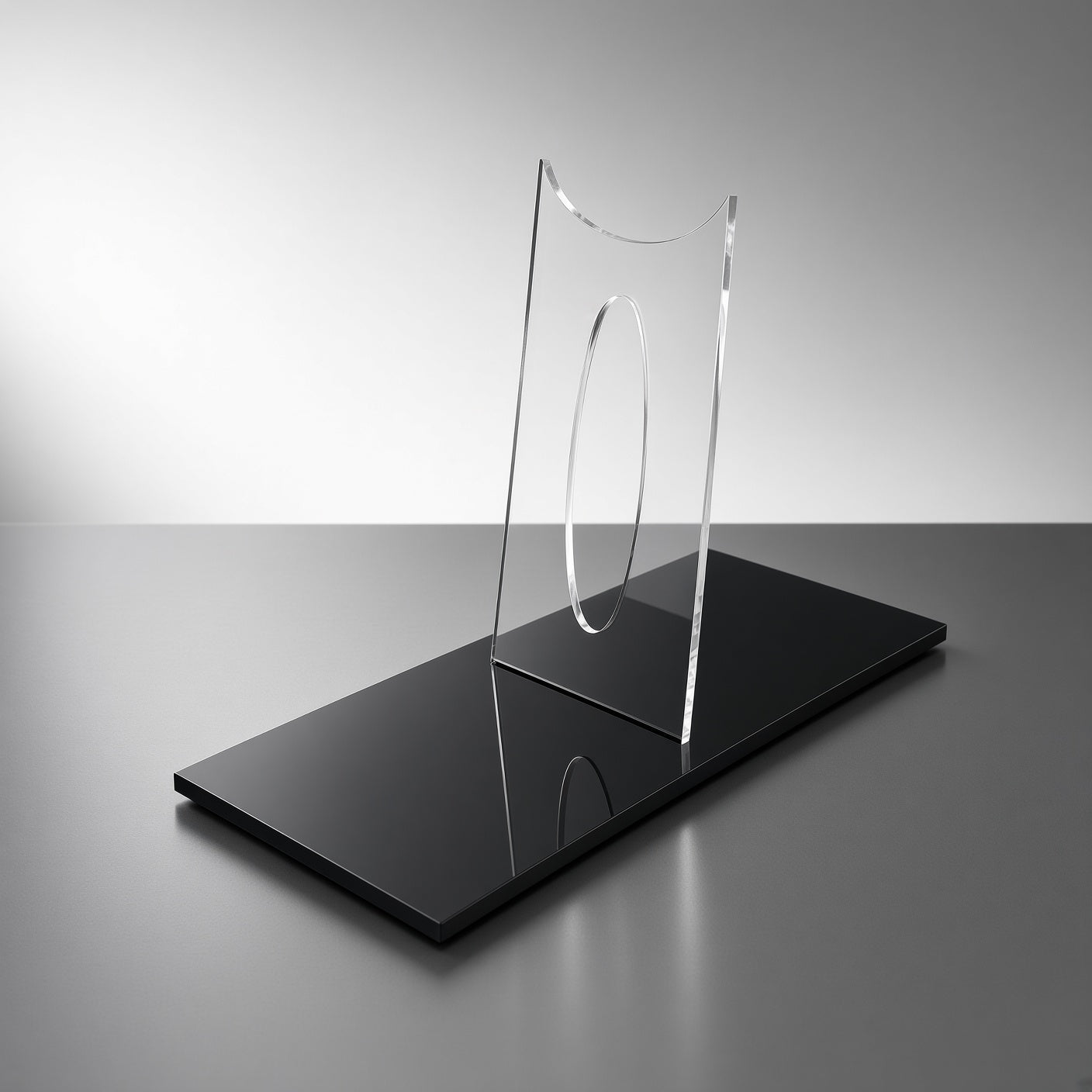Acrylic saber hilt display stand showing curved saddle riser and black base