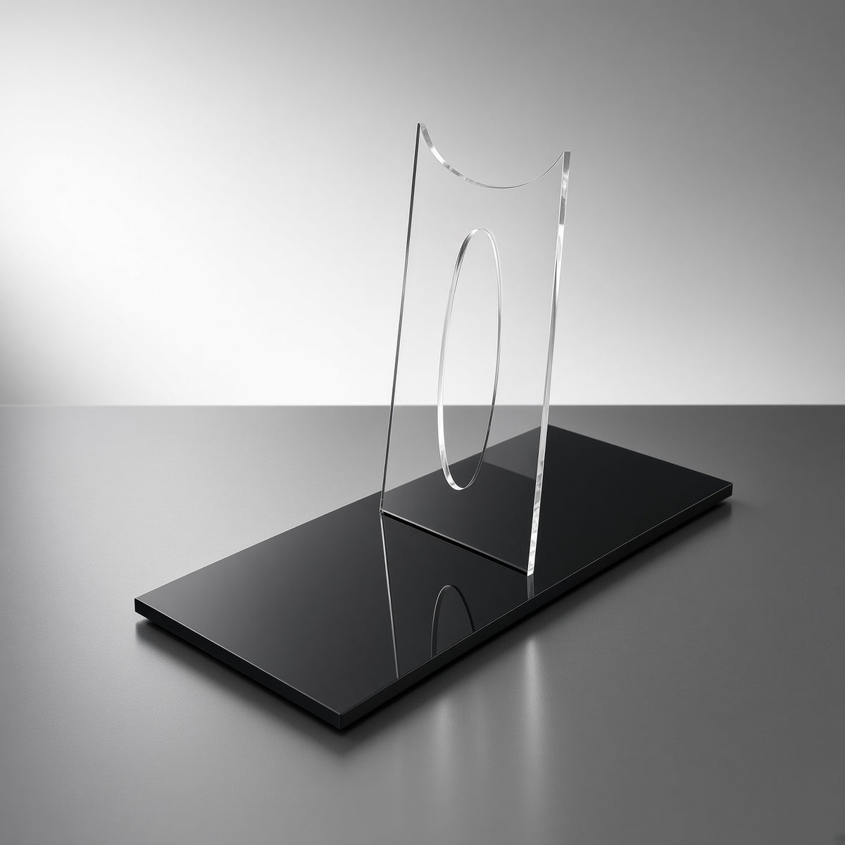 Acrylic saber hilt display stand showing curved saddle riser and black base