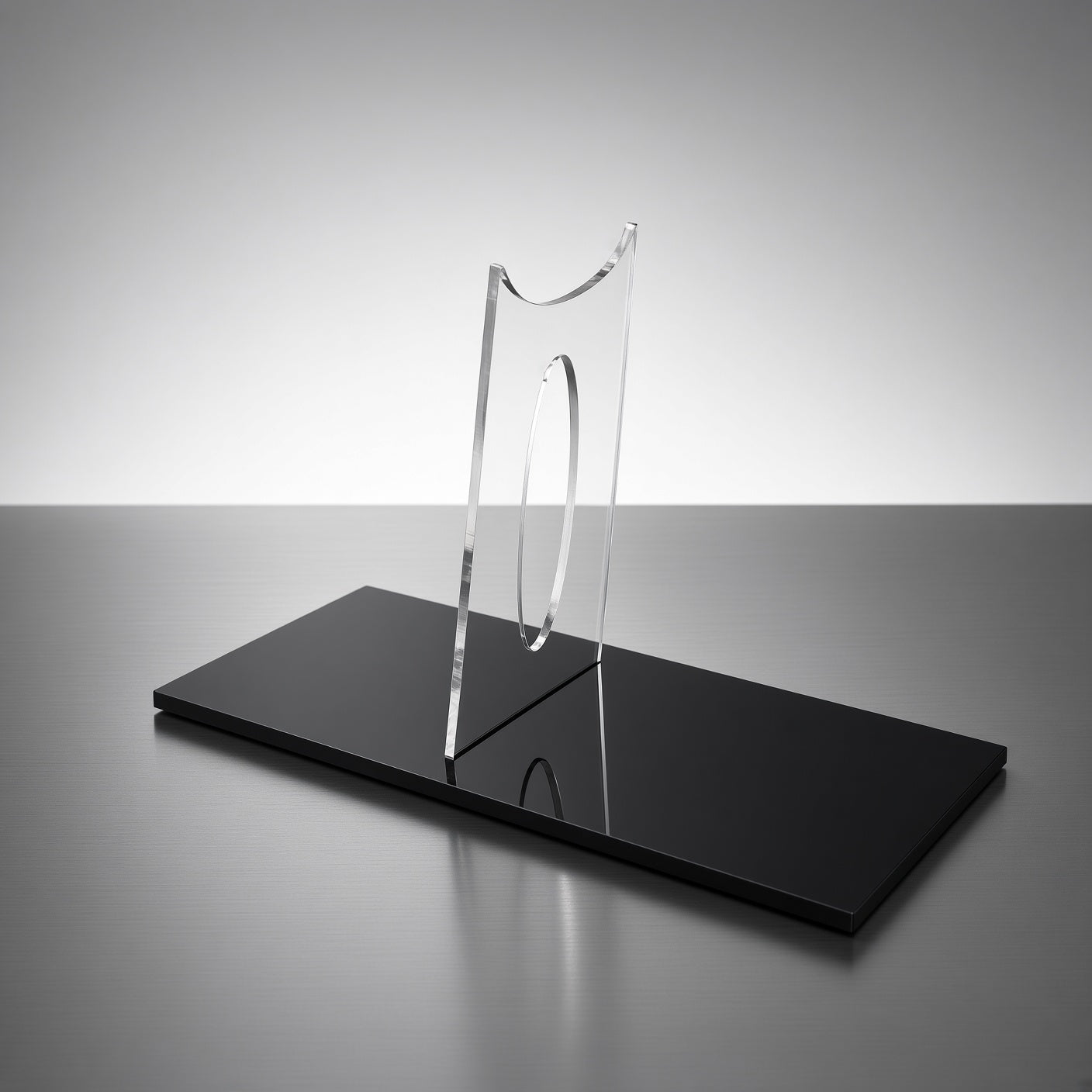 Clear acrylic lightsaber display stand with polished black base, Outer Rim Props