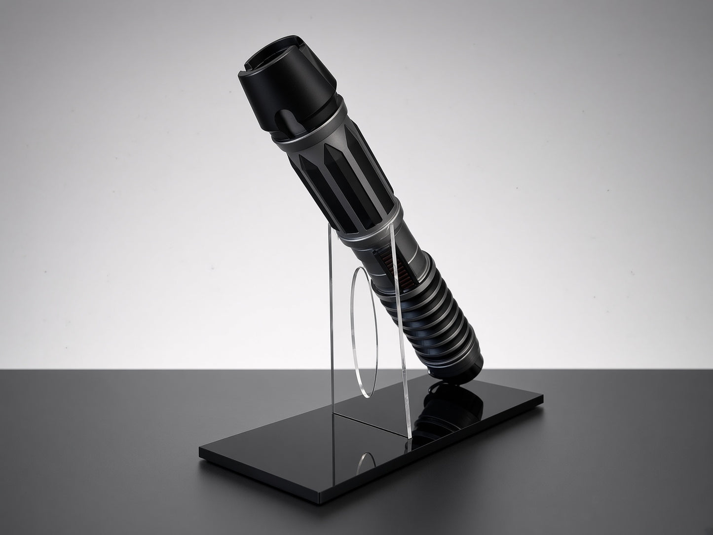Lightsaber display stand holding saber hilt on polished black acrylic base