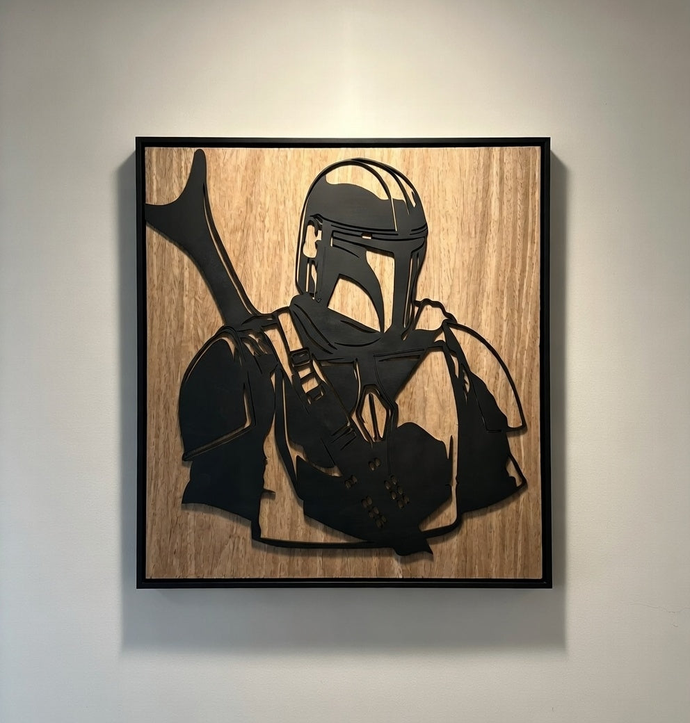 Mandalorian silhouette framed wall art, 12x12 laser-cut wood panel in a black frame, Outer Rim Props