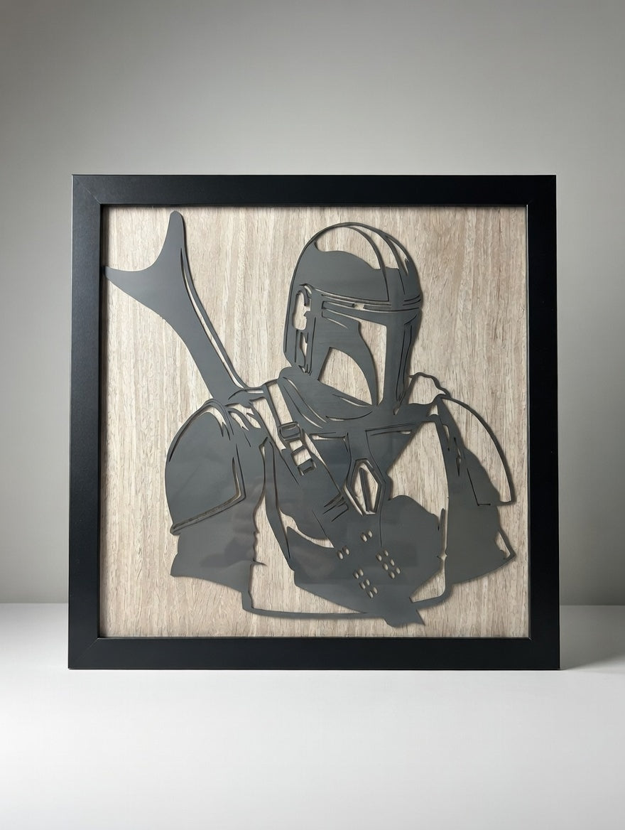 Mandalorian inspired laser-cut wood silhouette wall art, handcrafted in Oregon by Outer Rim Props